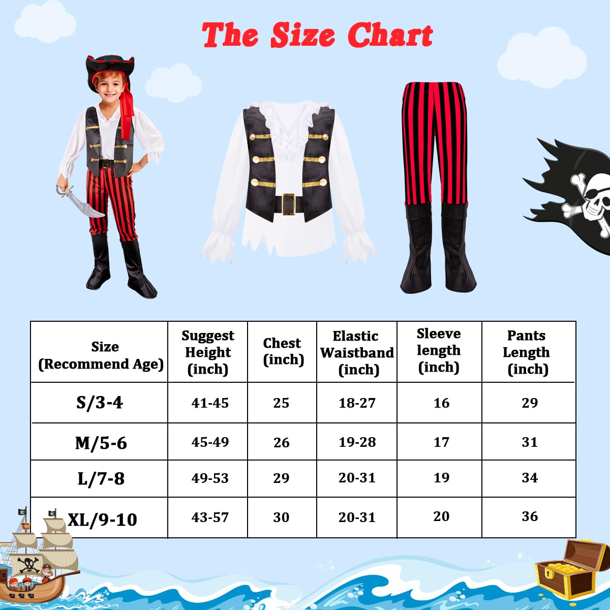 MELAND Pirate Costume Kids, Boys Girls Dress up with Pirate Hat, Boot-covers for Kids Aged 3 to 10, Fancy Dress for Kids & Toddlers Pirate Day Halloween Costumes (Black, M(5-6 Years))