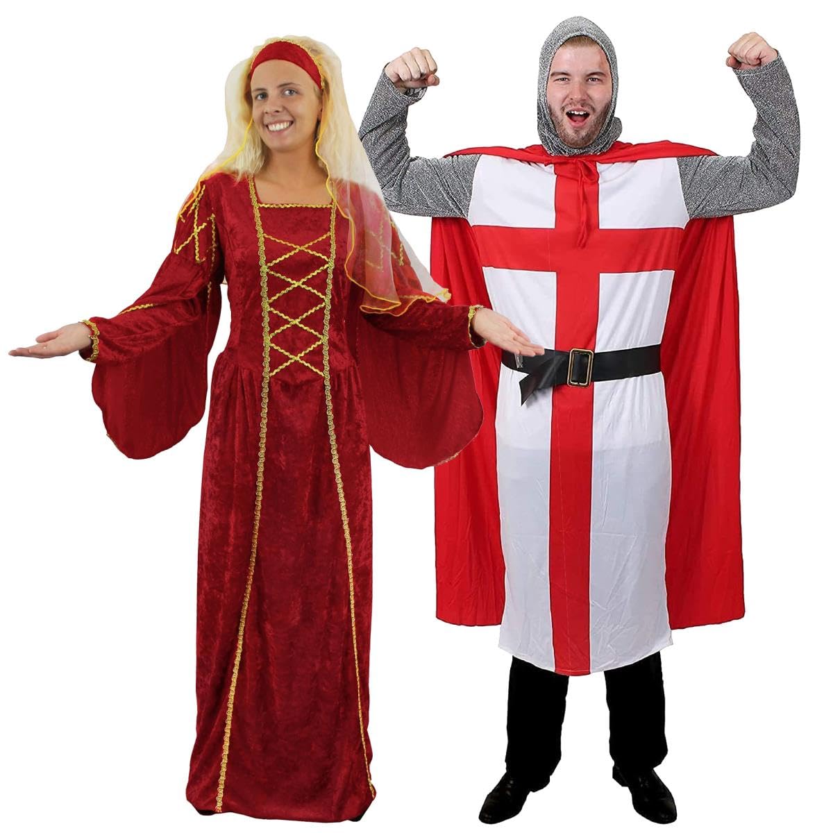 Medieval Queen & Knight Fancy Dress Couples Costumes - Red Renaissance Fair Tudor Era Outfit St George's Flag Cross Royal Sports Supporters Party - Womens: X-Large Mens: Medium