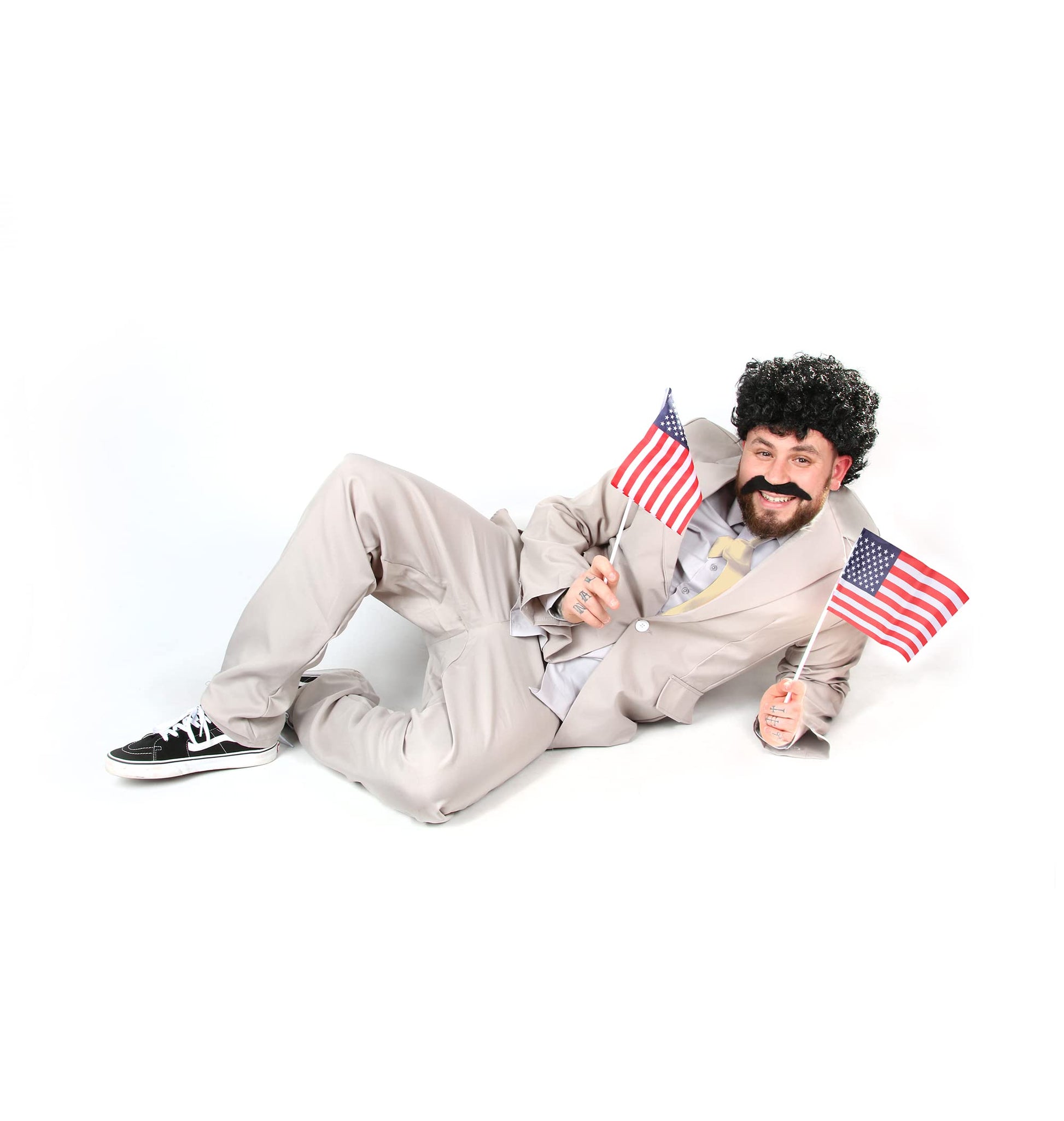 Mens Funny Journalist Costume - Grey Suit + White Tie + Curly Black (image 3)