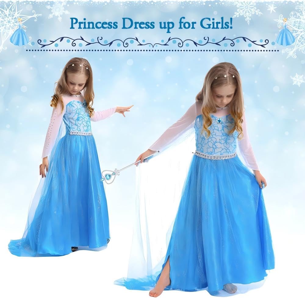 ACWOO Princess Costume, Costume Dress with Fairy Wand and Crown Tiara, Fancy Dress for Girls, Deluxe Shining Snow Queen Fancy Dress for Christmas, Party, Cosplay, Birthday, Halloween