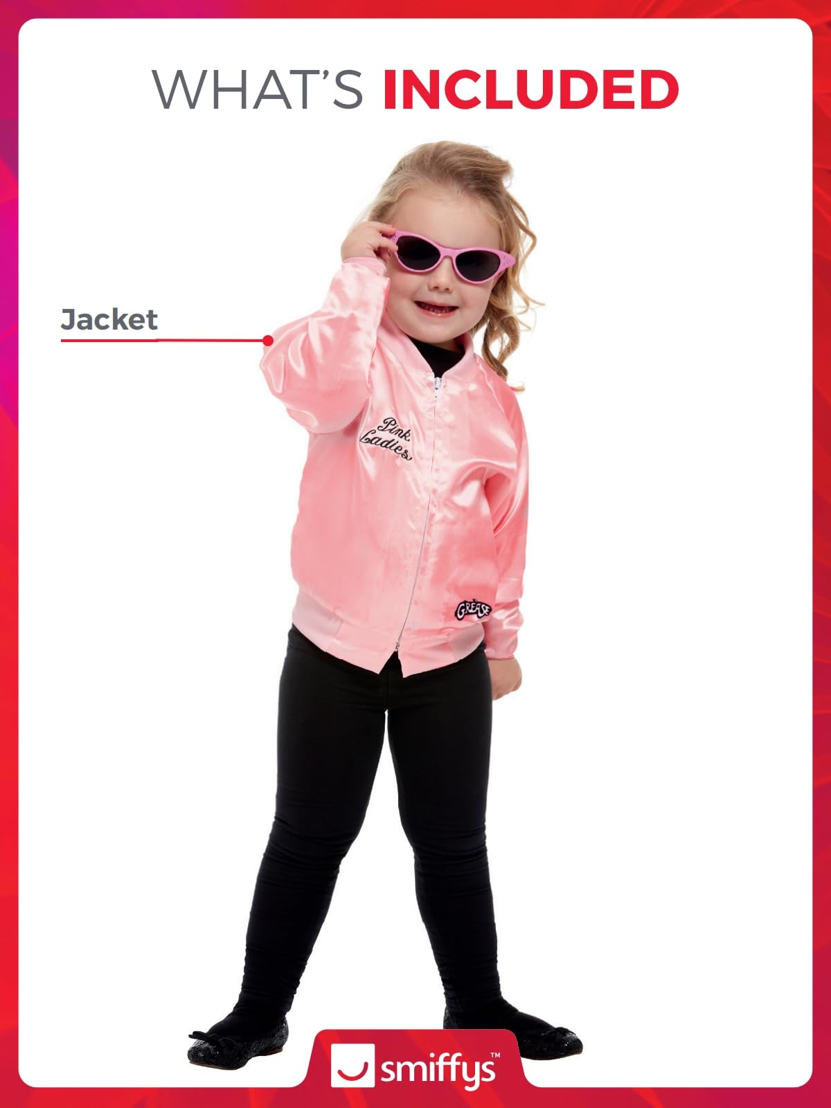 Smiffys Grease Pink Ladies Jacket for Kids, Pink Jacket with Embroidered Logo, Officially Licensed, Fancy Dress, and Playful Music-Themed Events, Girls Toddler Age 10-12 costume Halloween