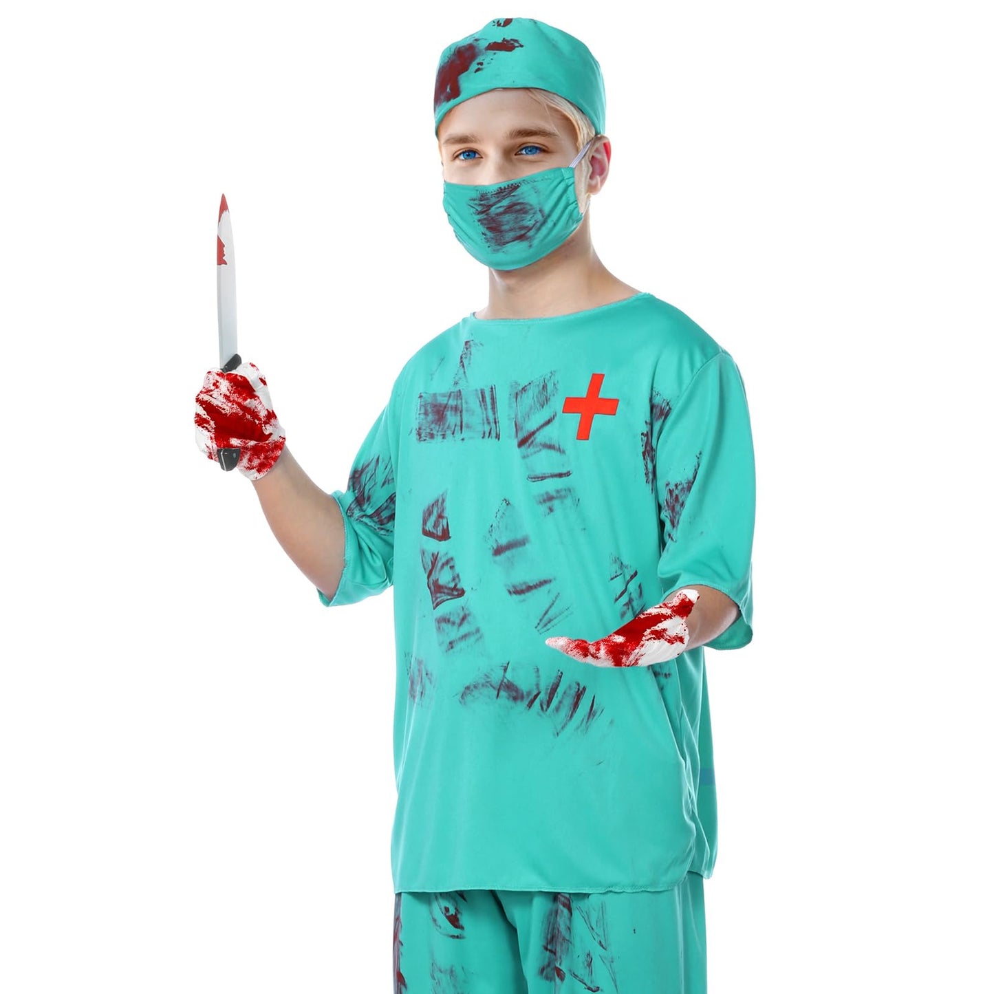 Joyesplay Bloody Surgeon Costume Fancy Dress Costume 7Pcs Set Surgeon Blue Couples Halloween Adult Scrubs Bloody Splatter Horror Halloween for Men