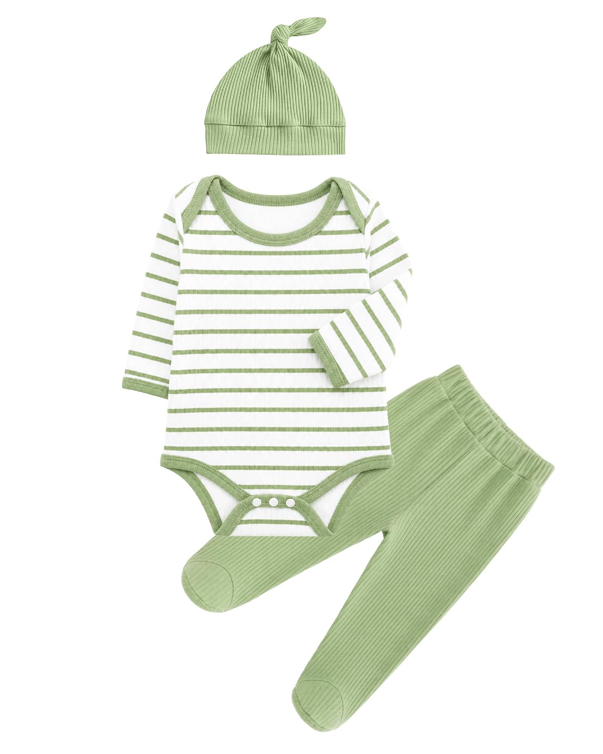 JiAmy Newborn Baby Boys Clothes 3Pcs Infant Long Sleeve Cotton Stripes Romper + Pants + Hat Clothing Set Baby Bodysuits Outfit for 0 Months Light Green