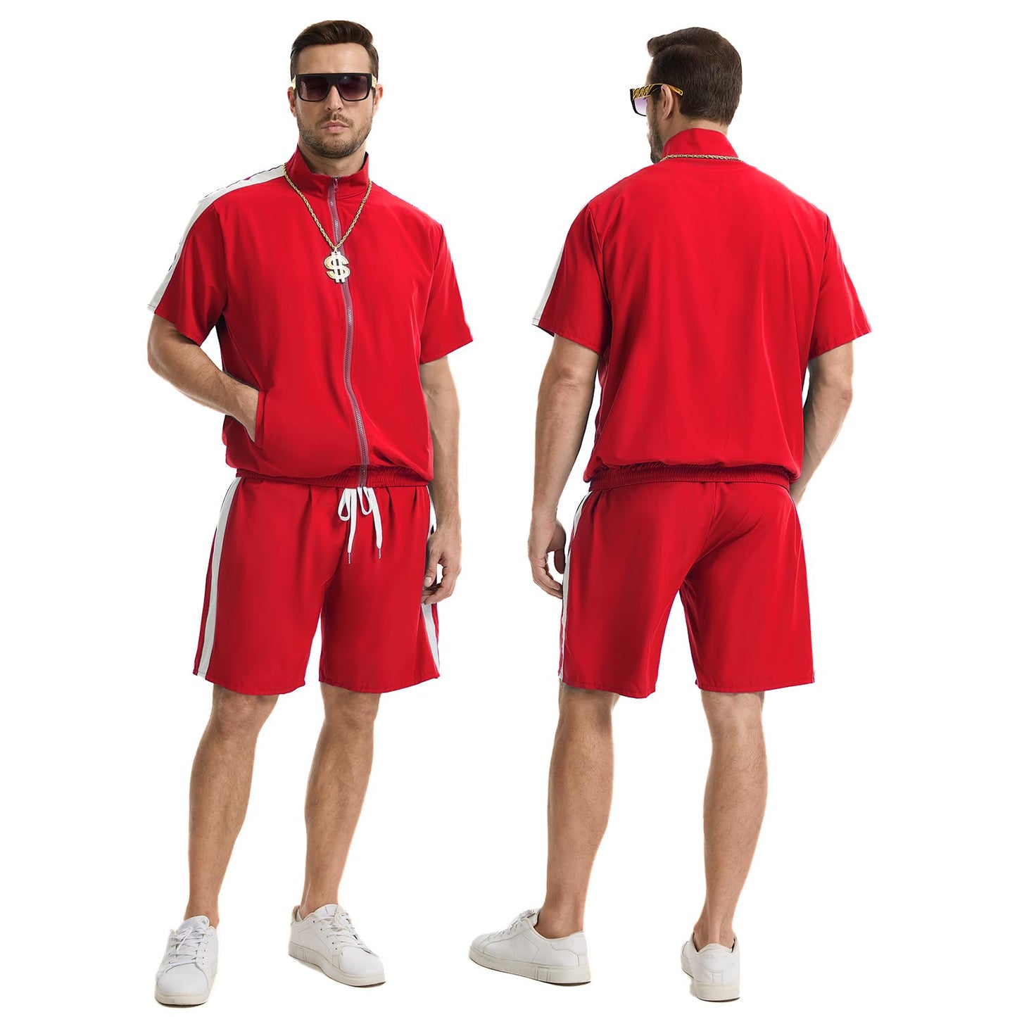 Crubelon 80s 90s Hip Hop Costume Set for Men, Rapper Tracksuit Outfit with Accessories, Retro Street Dance Party Fancy Dress, Stand Collar Jogging Suit (Rot, XXL)