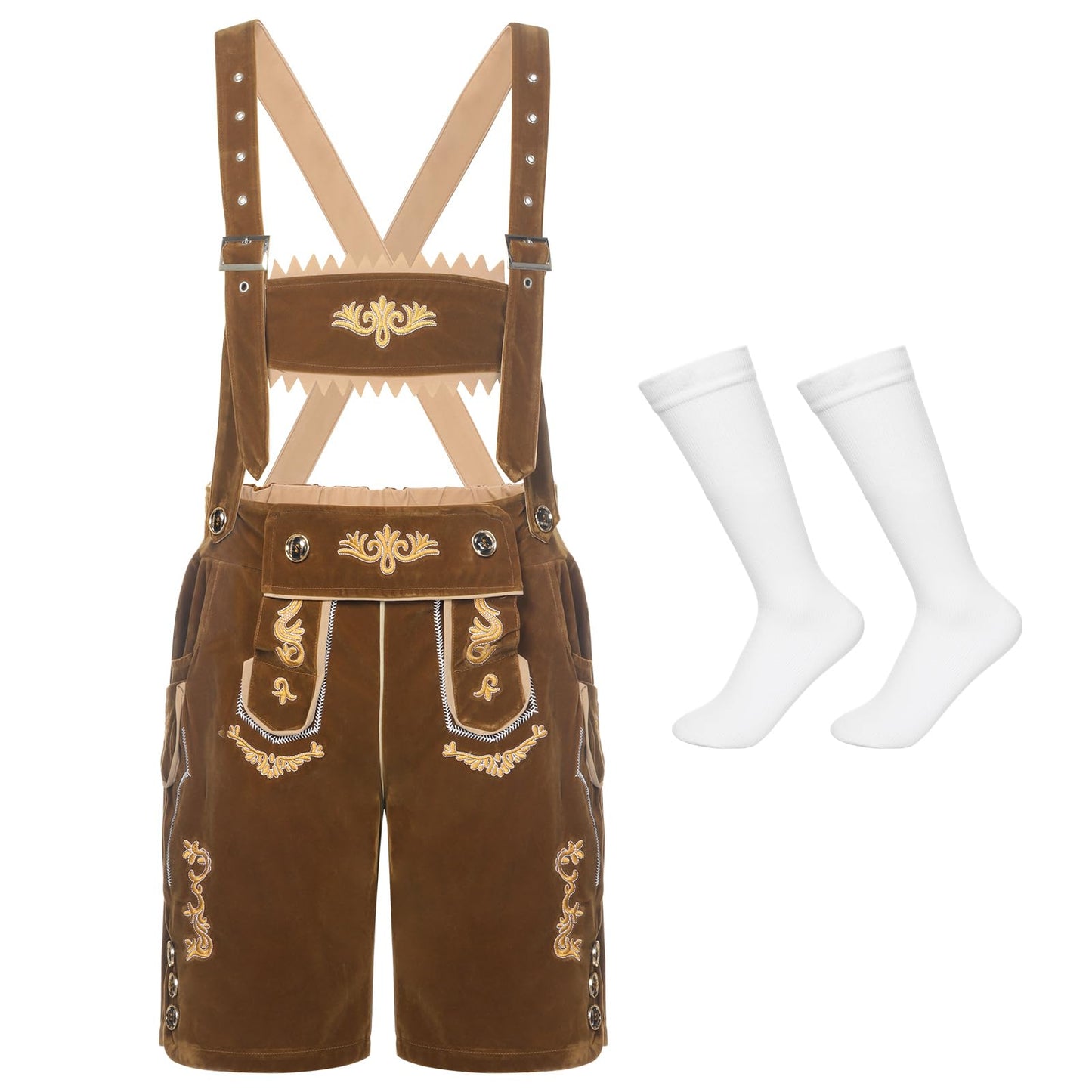 Joyesplay Lederhosen Men Oktoberfest Costume,Bavarian Outfit with Lederhosen Shorts＆Socks for Festivals Celebrations Adult Mens (Brown, XL)