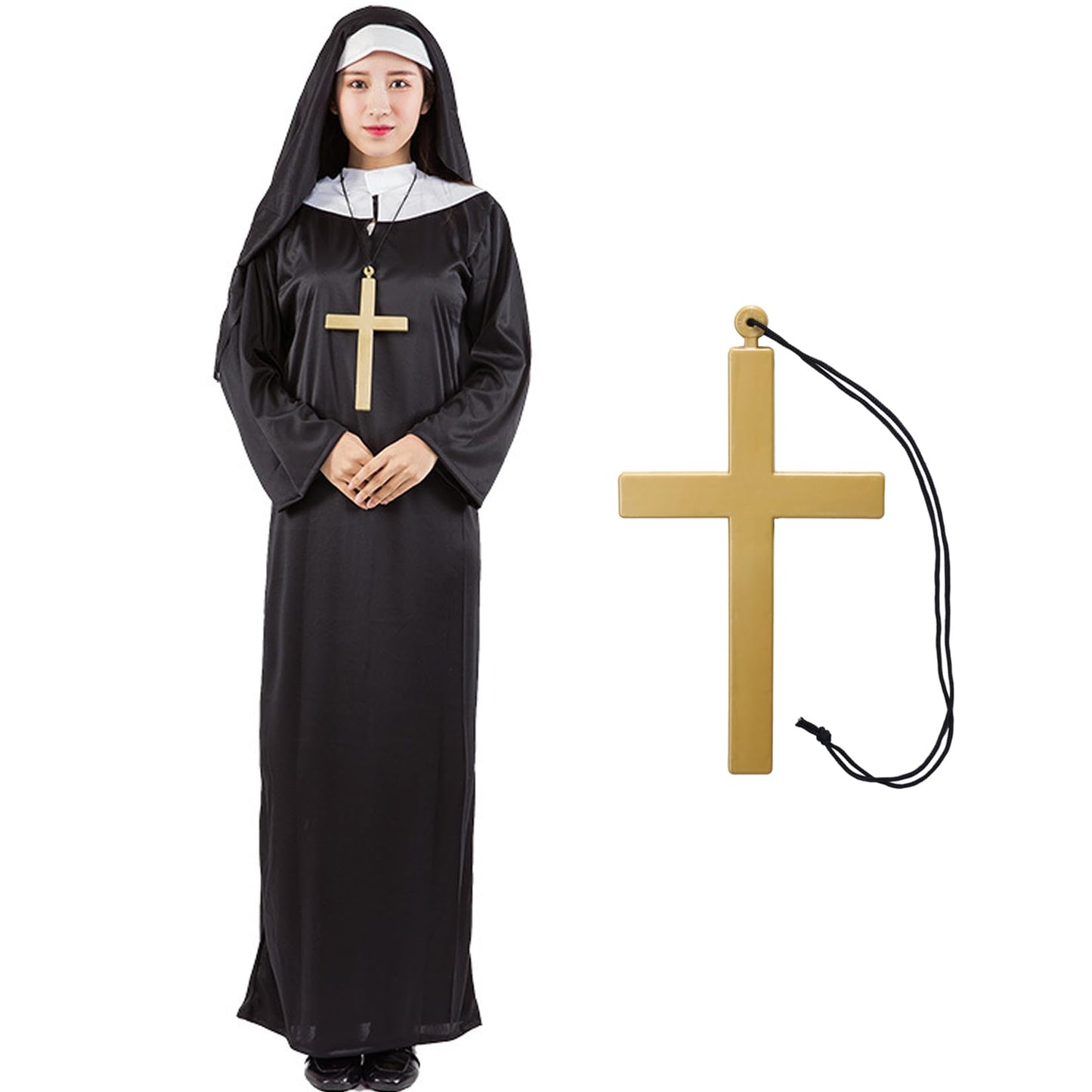 Alaiyaky Nun Outfit for Adult, Priest Costume Suit, Vicar Outfit, Monk Costume With White Collar Cross Necklace, Halloween Fancy Dress for Men Women (Female, XXL)