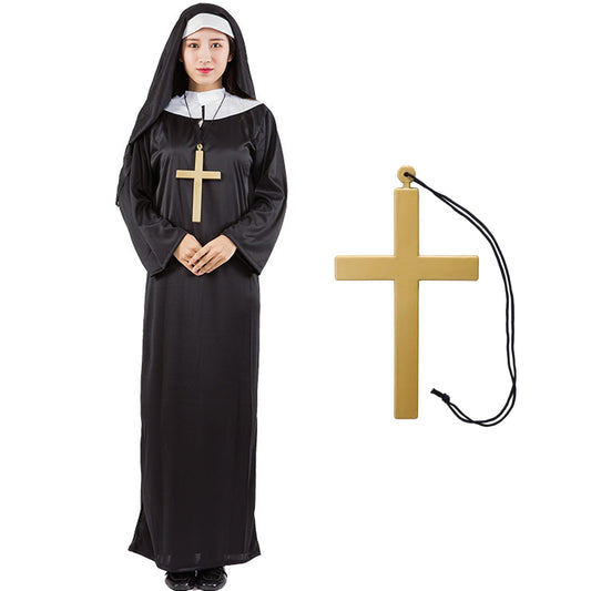 Alaiyaky nun outfit for adult with white collar and cross necklace