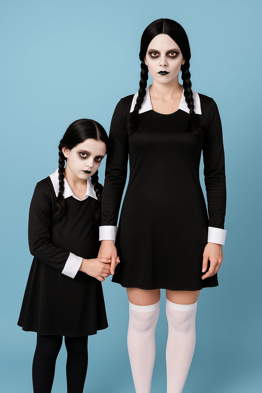 HENBRANDT Children’s Scary Daughter Fancy Dress Costume Long Sleeve Black Dress with White Collar Spooky Family Goth Manor Size Large Ages 10-12 Halloween Fancy Dress for Girls