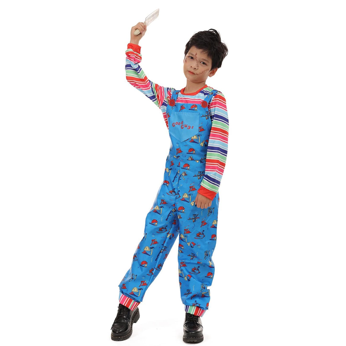 nezababy Chucky Costume Kids Chuckie Jumpsuit Rainbow Striped Top with Scary Killer Cosplay Overalls Halloween Dress up(XS/110)
