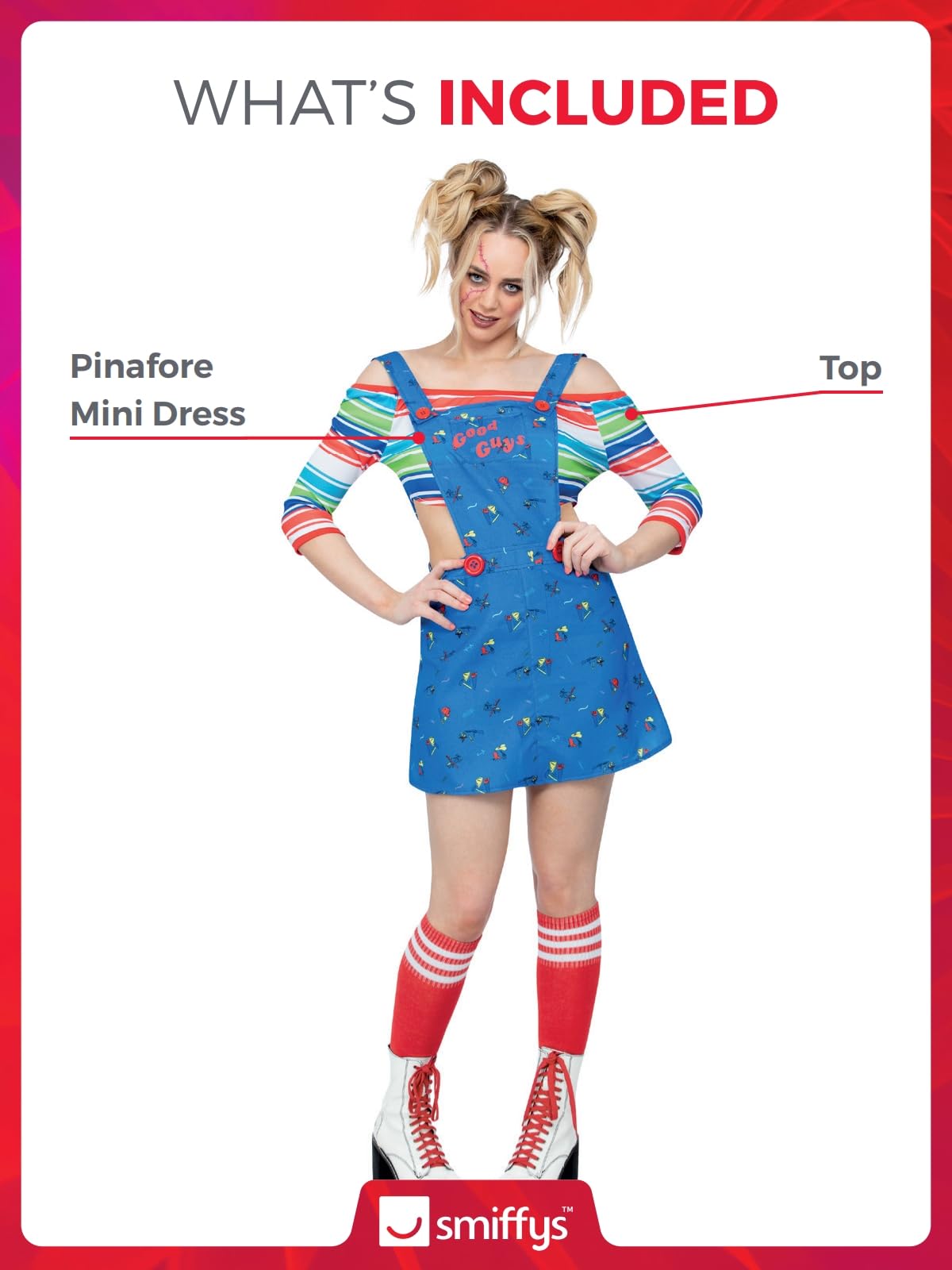 Smiffys Chucky Costume for Adults, Pinafore Mini Dress and Top, Officially Licensed, Off-the-Shoulder Striped Top, Ideal for Halloween and Matching Family or Pet Fancy Dress