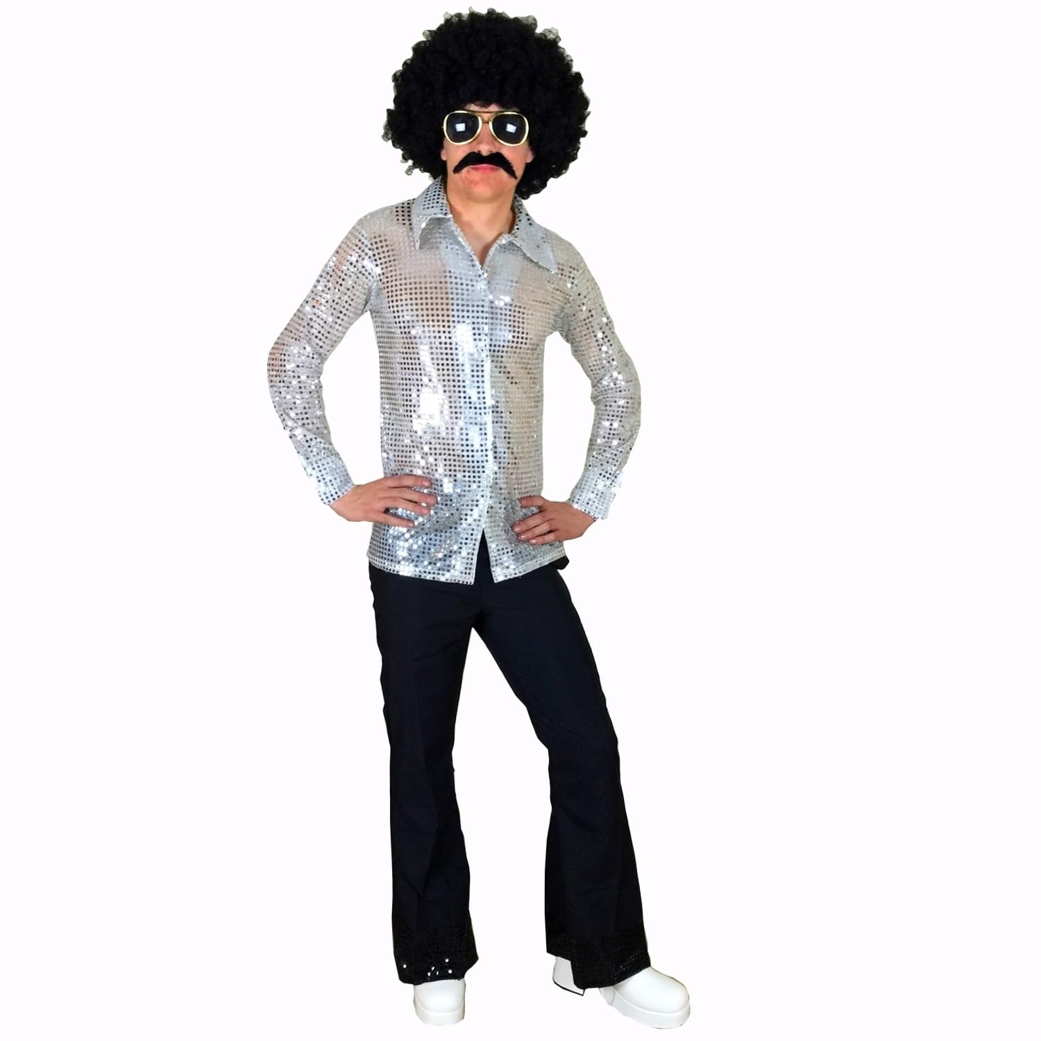 Men's 70s Disco Costume - Shiny Sequin Shirt & Flared Trousers (image 4)