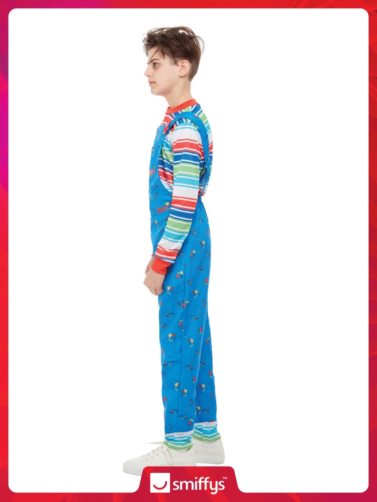 Smiffys Chucky Costume in Blue for Kids, Dress and Top, Officially Licensed, Blue Dungaree Dress and Striped Top with Colour Block Cuffs, Ideal for Halloween and Matching Costumes