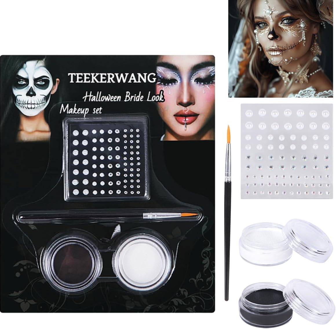 Tikerwang Halloween Makeup Kit - Black & White Face Paint Kit, Halloween Makeup Includes Paint, Brush, Costume Accessories Crystal Sheet for Skeleton SFX, Vampire, Skull Makeup (Model A)