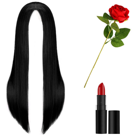 Halloween costume for women with straight wig and red rose