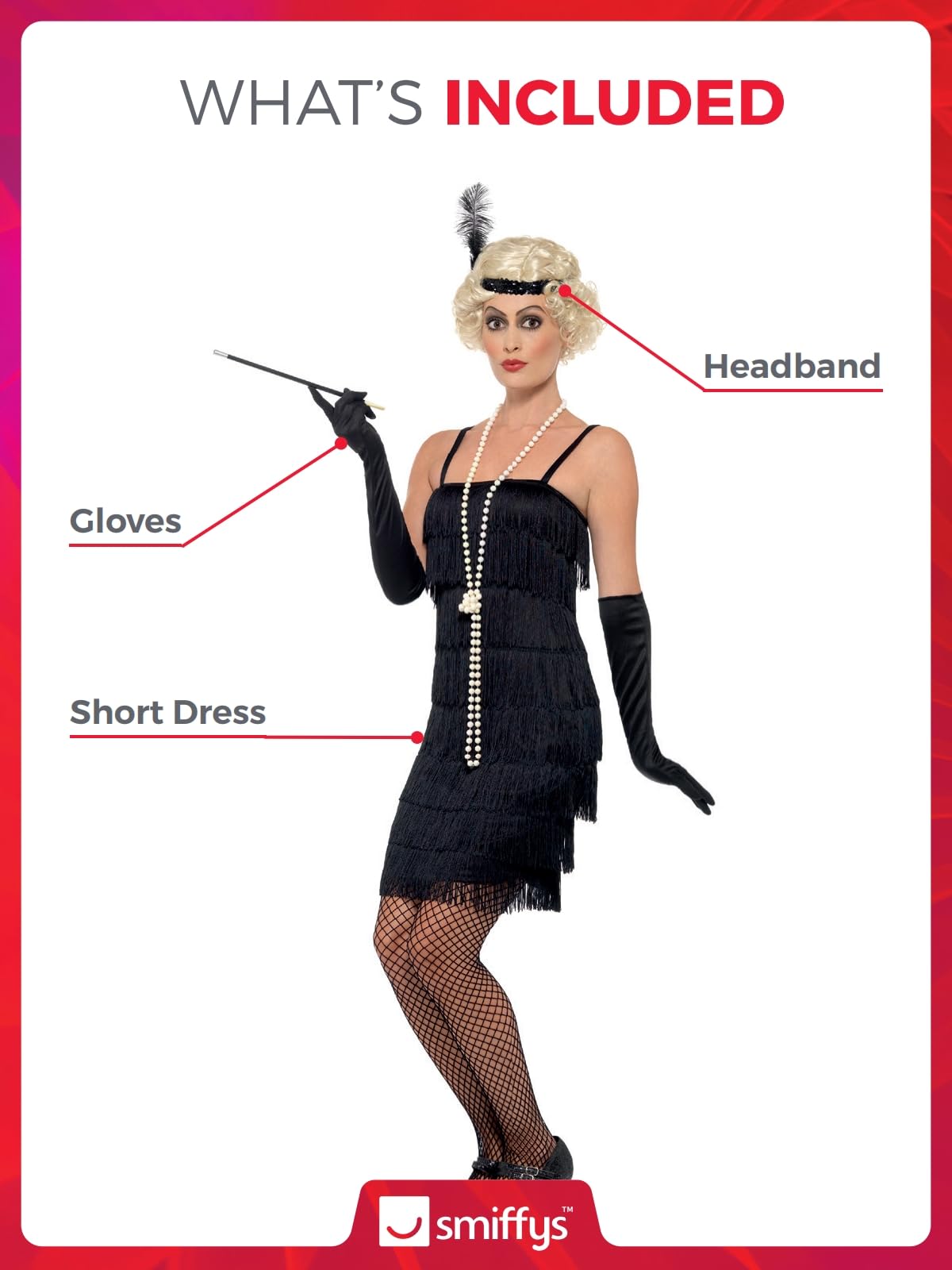 Flapper Costume - Black with Short Dress - Headband & Gloves (image 2)