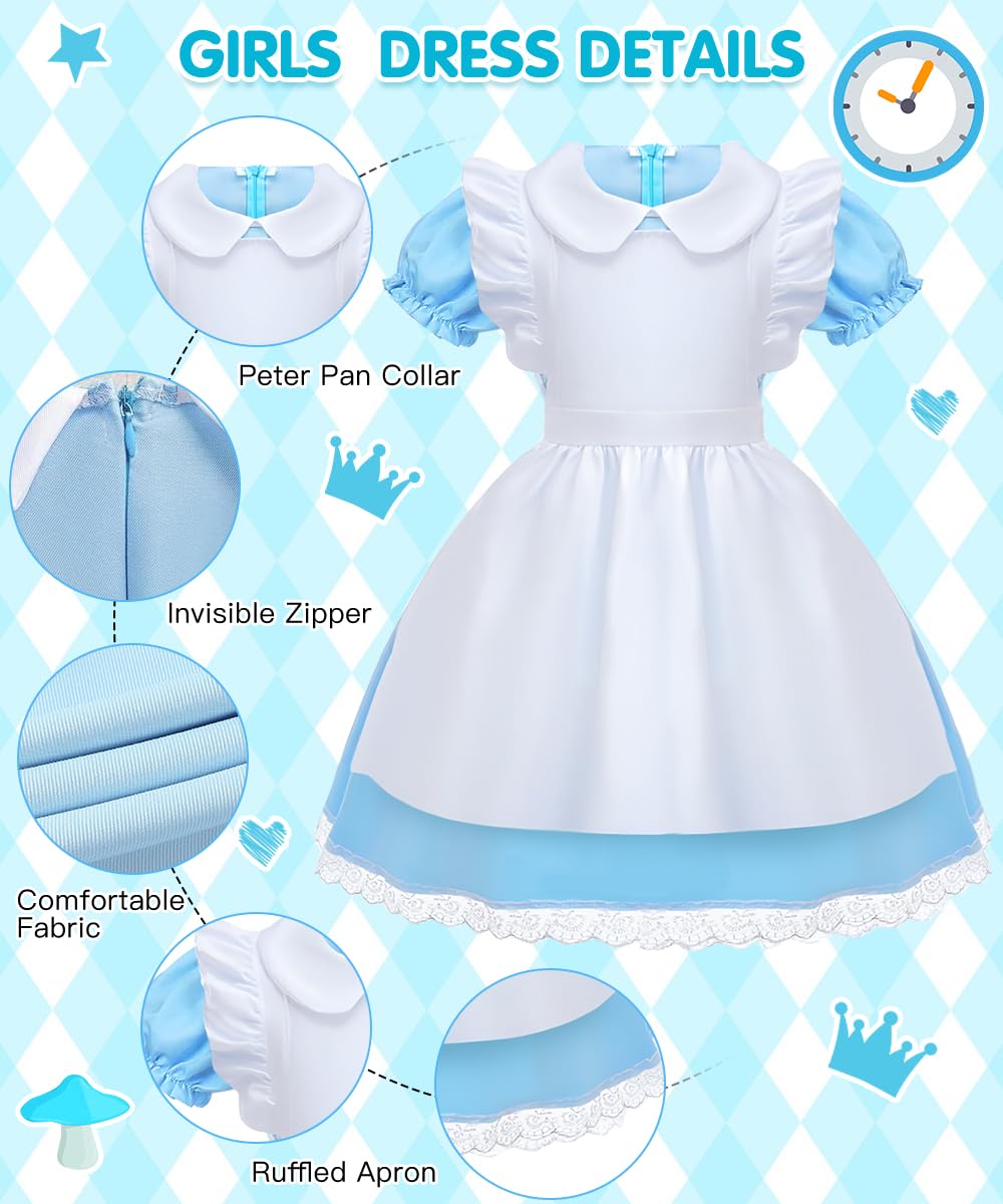 COYBTO Princess Costume for Girls 6-11 Years - Blue Dress With White Apron and Headband for Halloween, Birthday Party, Carnival, Fancy Dress