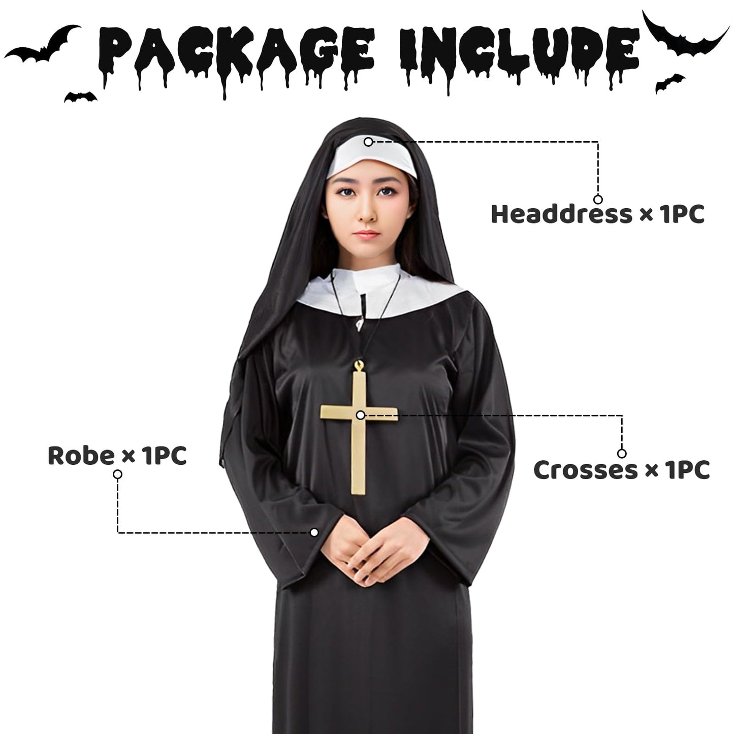 Alaiyaky Nun Outfit for Adult, Priest Costume Suit, Vicar Outfit, Monk Costume With White Collar Cross Necklace, Halloween Fancy Dress for Men Women (Female, XXL)