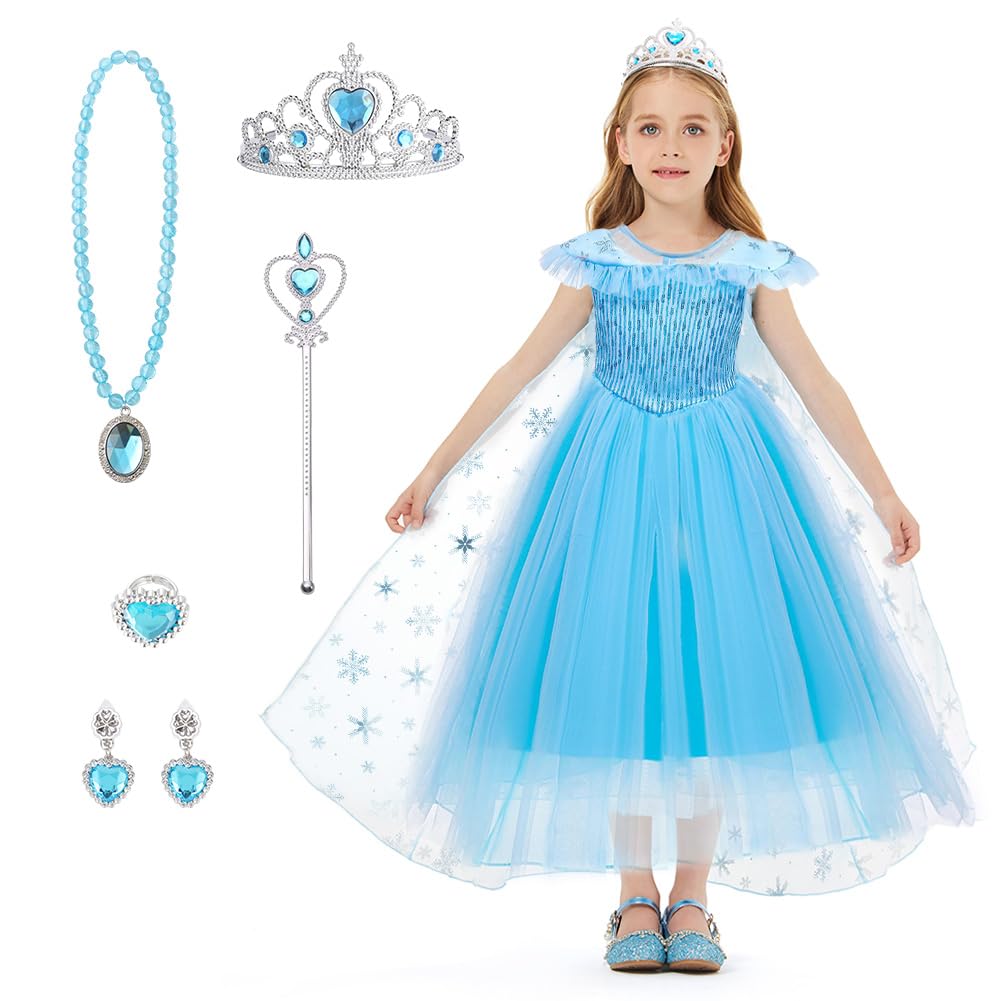 AYBUY Princess Dress Costume, Blue Princess Costume with Cape Train Wand Crown, Girls Fancy Dress for Halloween Christmas Party Cosplay,120