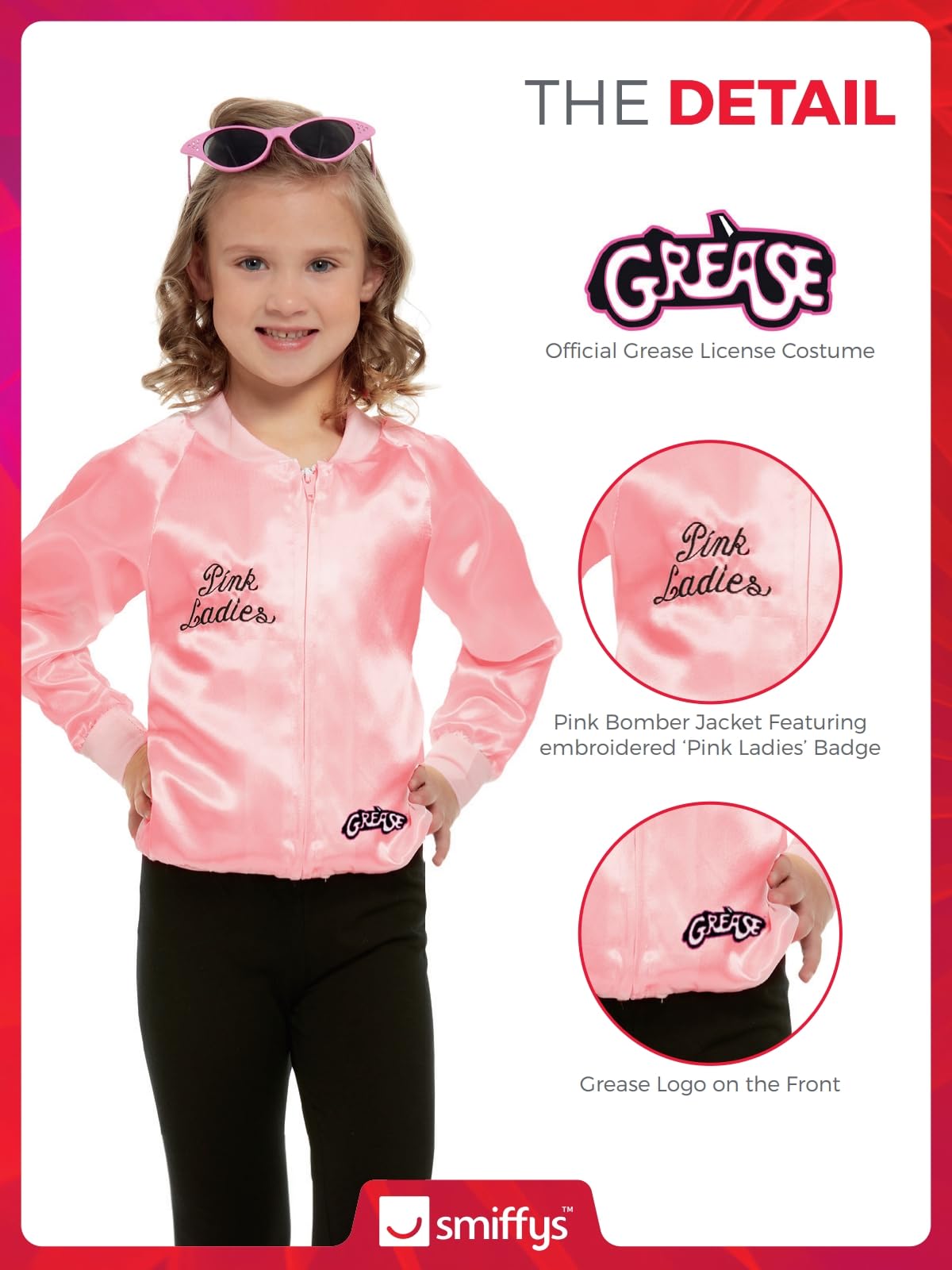 Smiffys Grease Pink Ladies Jacket for Kids, Pink Jacket with Embroidered Logo, Officially Licensed, Fancy Dress, and Playful Music-Themed Events, Girls Toddler Age 10-12 costume Halloween
