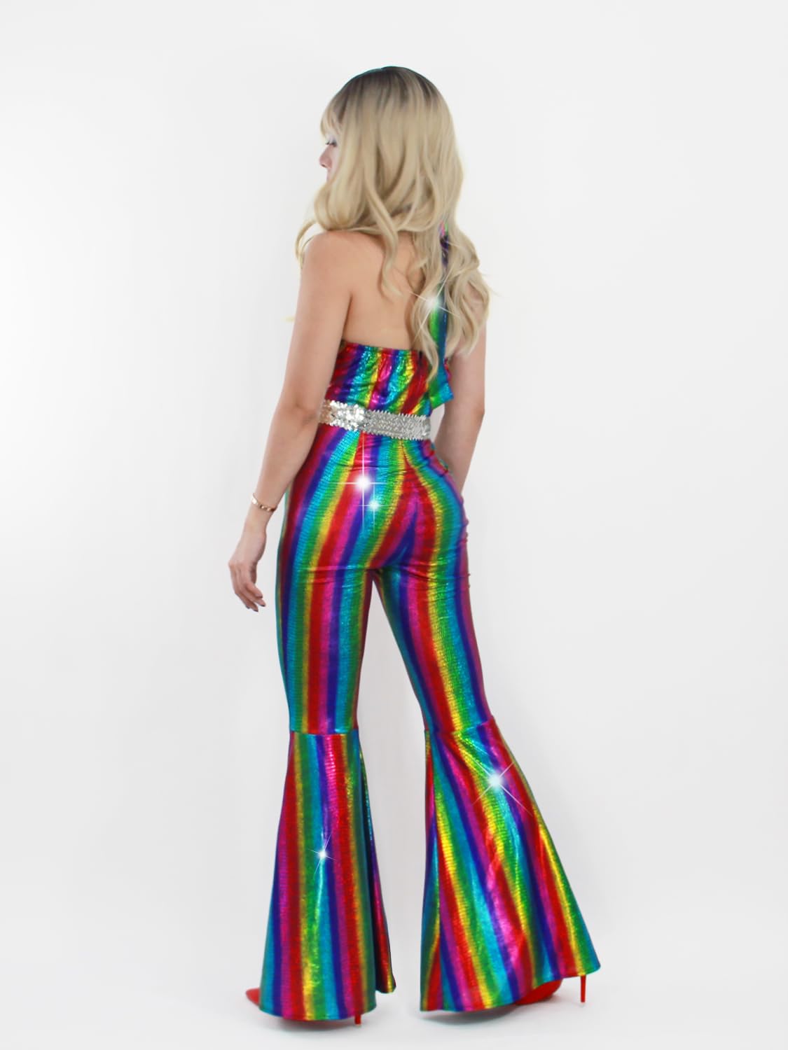 Disco Outfit 70s 80s Prom Sparkle Flare Jumpsuit Party Costume