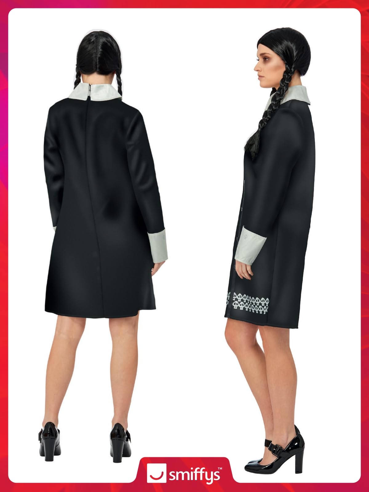 Smiffys The Addams Family Wednesday Adult Costume, Elegant Black Dress with Skull Pattern and Wig, Officially Licensed Wednesday Addams Costume, Ideal for Halloween Group Costumes and Parties