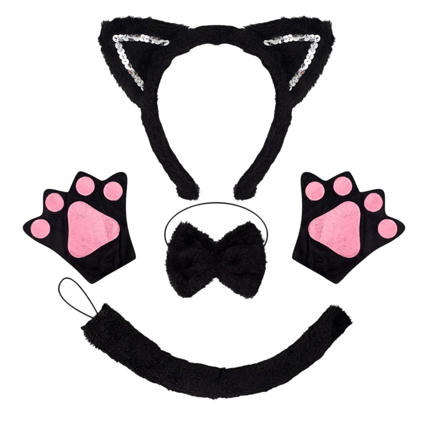 Black Cat Fancy Dress Set - Ears Headband - Tail - Bow Tie - Paw