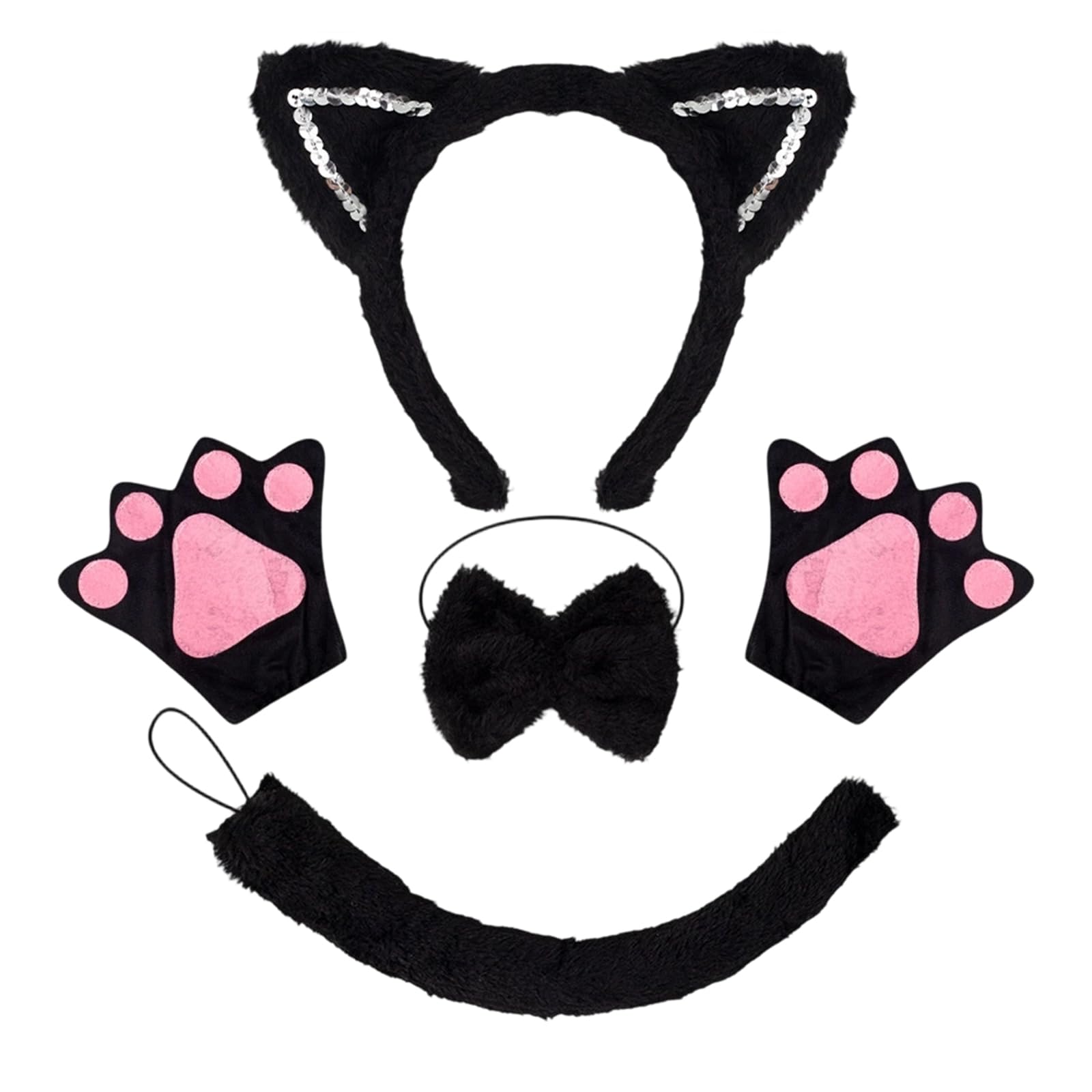 Black Cat Fancy Dress Set - Ears Headband - Tail - Bow Tie - Paw