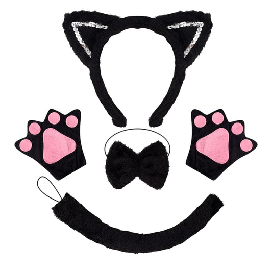 Black Cat Fancy Dress Set - Ears Headband - Tail - Bow Tie - Paw