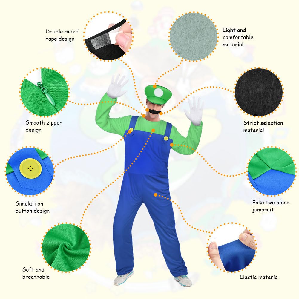 Aomig Super Plumber Costumes 4 Pack Brothers Workman Cosplay Costume Kits with Bodysuit Hats Cap Mustaches White Gloves 1980s Videogame Bros Fancy Dress Outfit Costume for Women Men(Green)