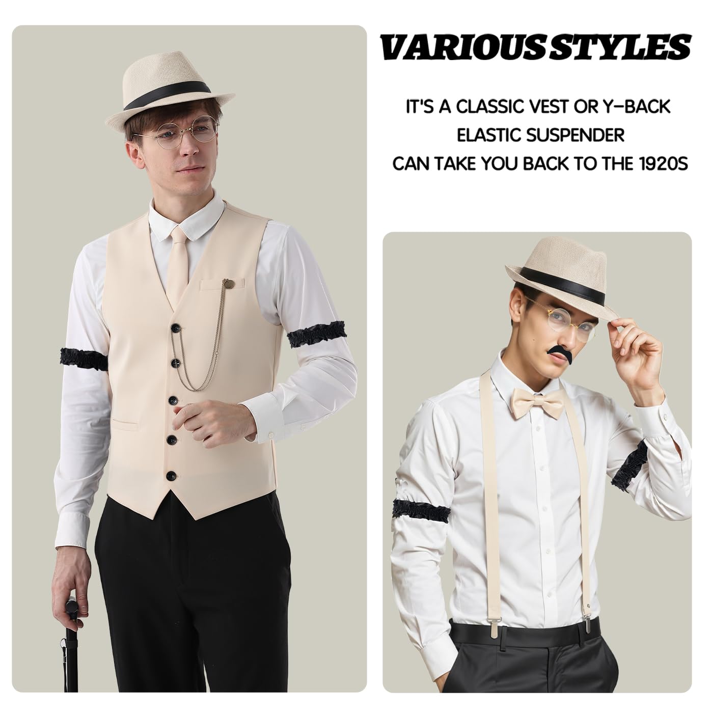 20s Costume Men's Vest with Accessories Braces - Crutch Pocket