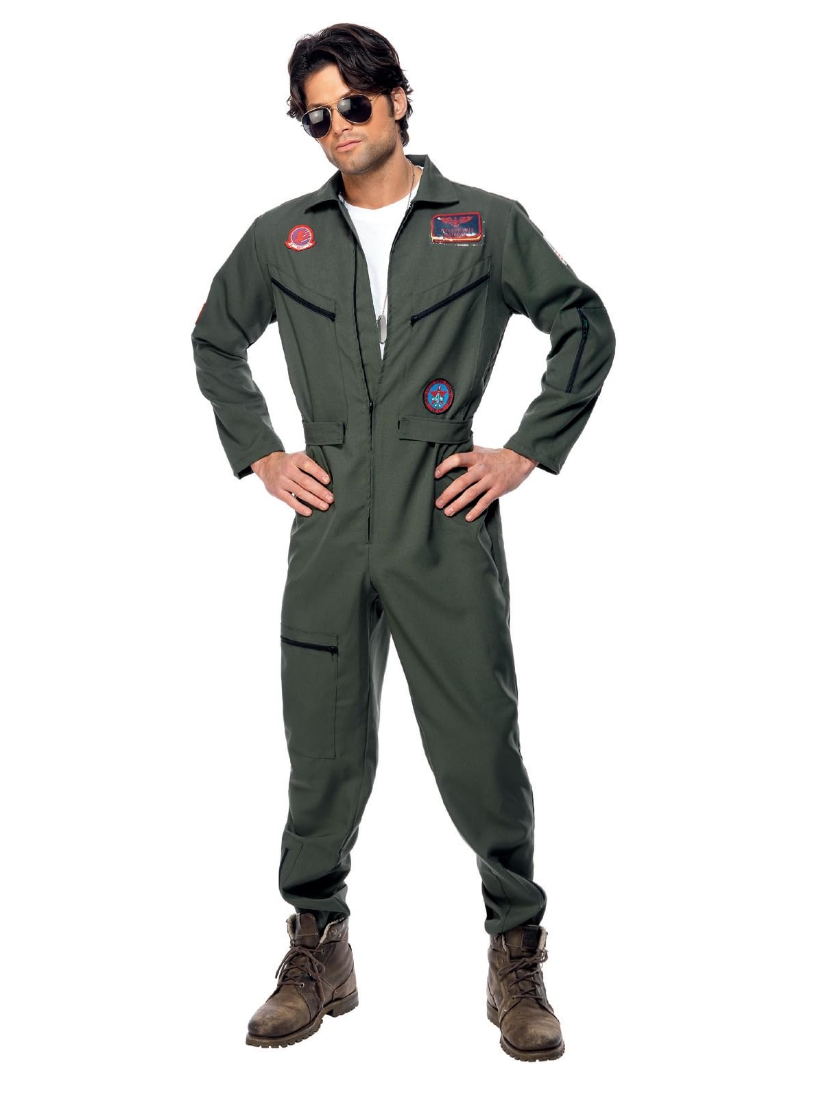 Smiffys Top Gun Costume Jumpsuit Name Tags and Glasses (Green) XL