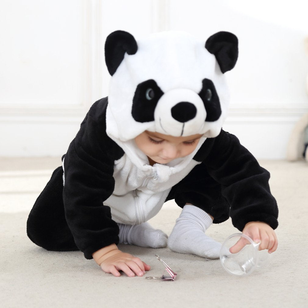 COOKY.D Infant Hooded Baby Rompers Animal Jumpsuit Soft Flannel Winter Cosplay Costume for Baby Girls Boys, 6-12 Months, Panda