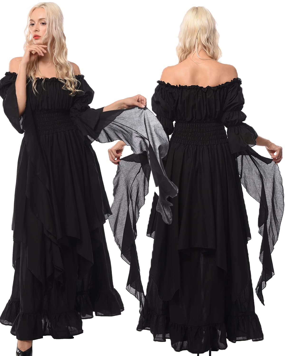 CR ROLECOS Women's Victorian Dress Puff Sleeve Off Shoulder Ruffle Plus Size Medieval Costume for Women Renaissance Dress Black XXL/3XL