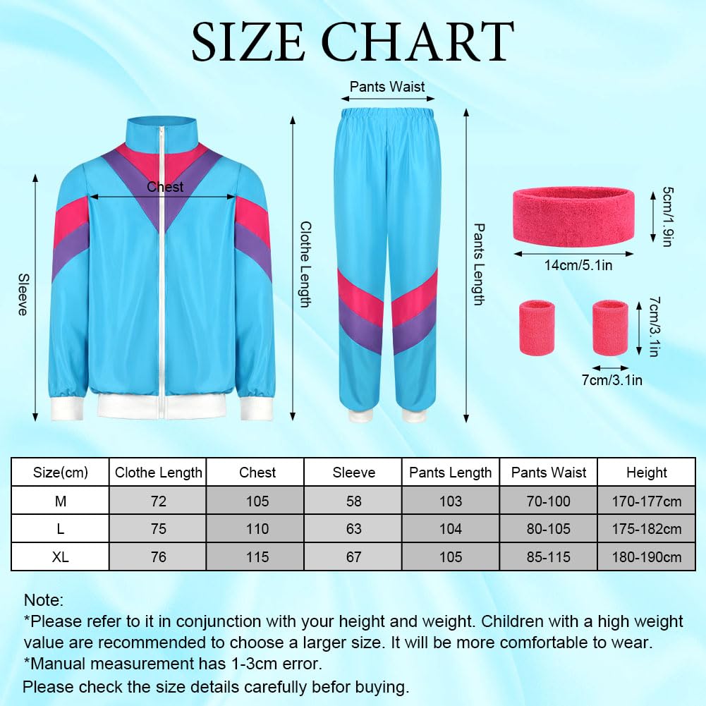 Aomig 80s Height of Fashion Shell Suit Costume, 80s Fancy Dress Men Women with Headband Wristbands, 1980s Disco Fancy Dress, 80s 90s Outfits Fashion Retro Tracksuit for Halloween Carnival Party