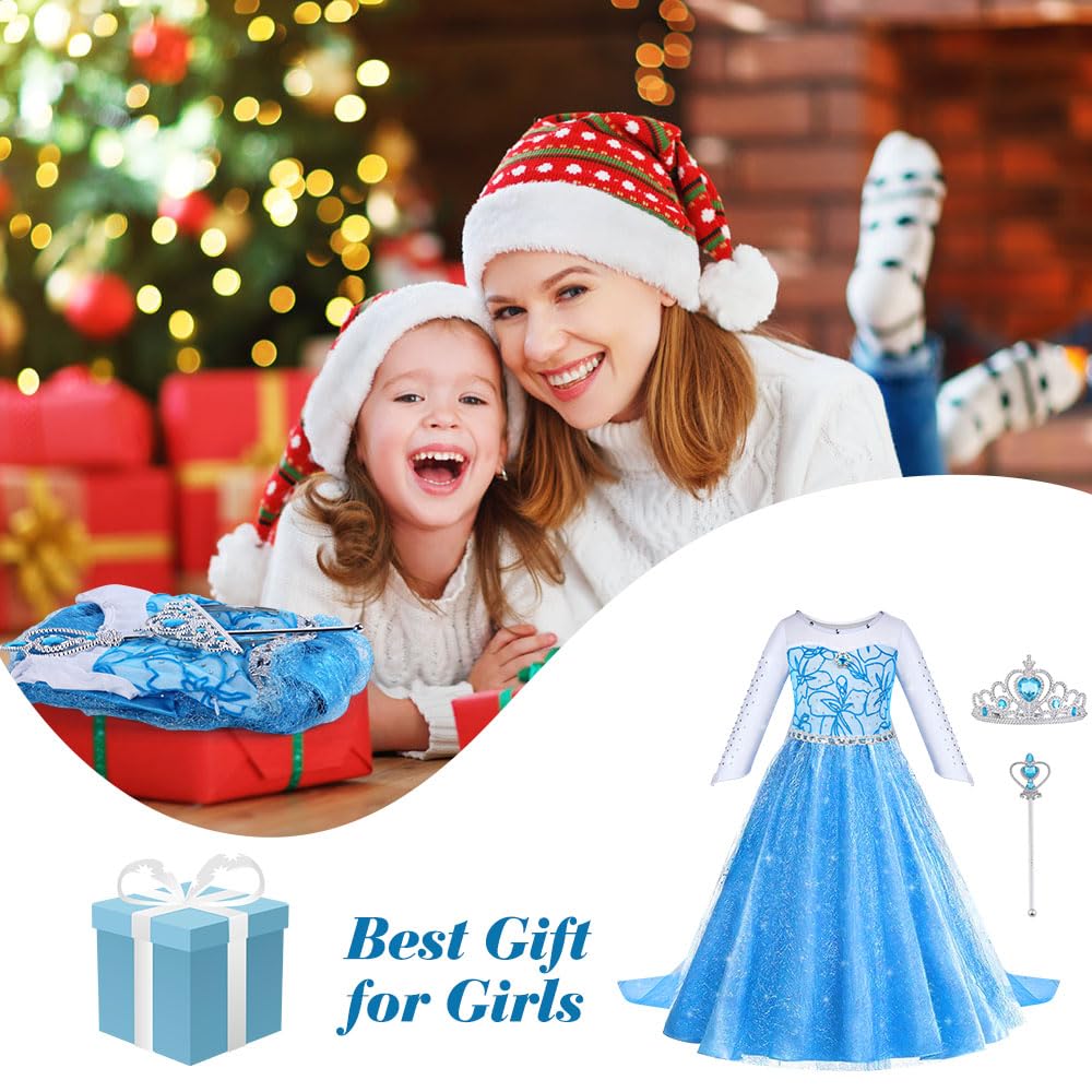 ACWOO Princess Costume, Costume Dress with Fairy Wand and Crown Tiara, Fancy Dress for Girls, Deluxe Shining Snow Queen Fancy Dress for Christmas, Party, Cosplay, Birthday, Halloween