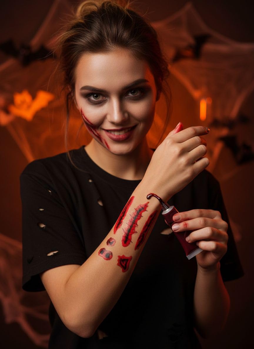Henbrandt Halloween Fake Blood Tube with Realistic Wound Temporary Tattoo Scars - 16ml Professional Makeup SFX Costume Accessory Kit