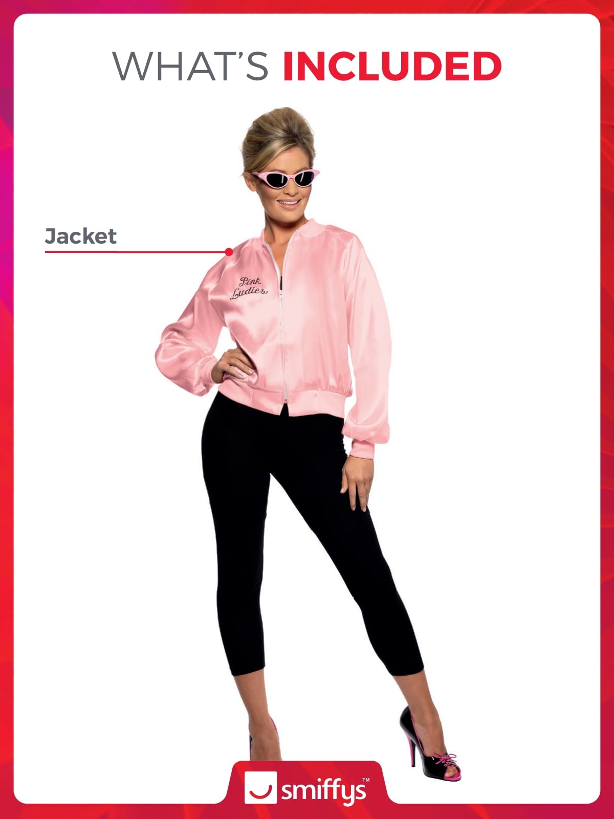 Smiffys Grease Pink Ladies Jacket for Women, Pink Jacket with Embroidered Logo, Officially Licensed, Ideal for Matching Group Outfits, Fancy Dress, and Playful Music-Themed Events Halloween