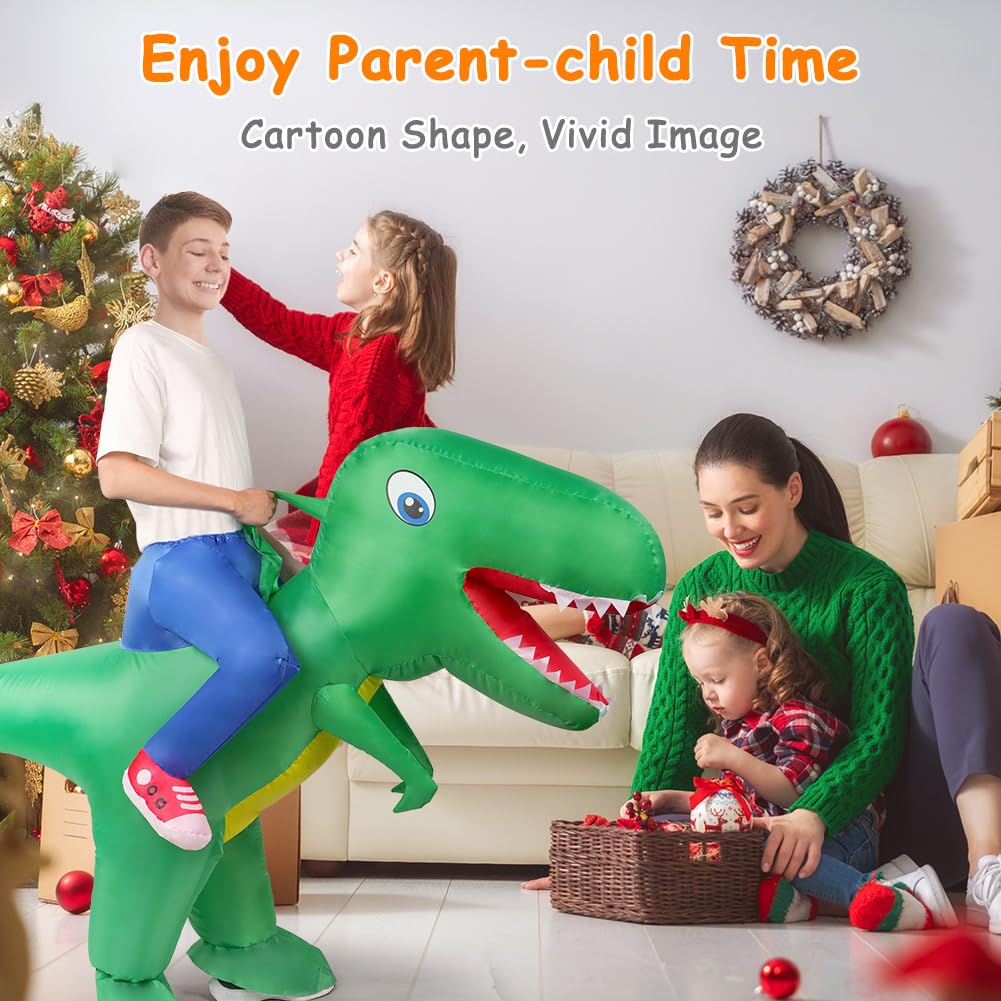AOOWU Dinosaur Costume, Deluxe Dinosaur Inflatable Costume T-Rex Blow up Fancy Dress for Kids, Funny Ride-on Green Dinosaur Halloween Costumes for Halloween Cosplay Masquerade Party, Green