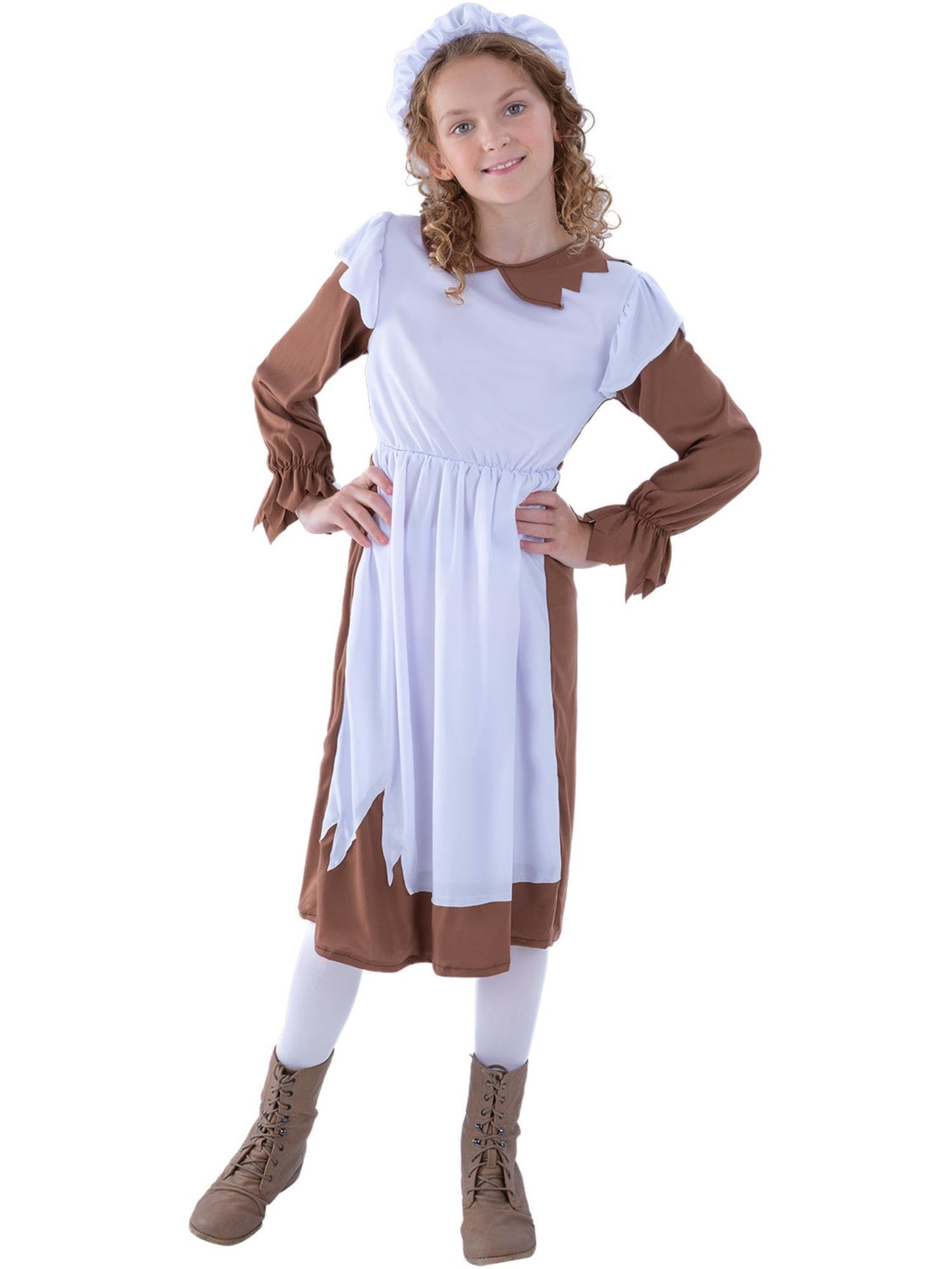 Smiffys Poor Victorian Costume, Brown & White with Dress & Hat, Girls Fancy Dress, Child Dress Up Costumes