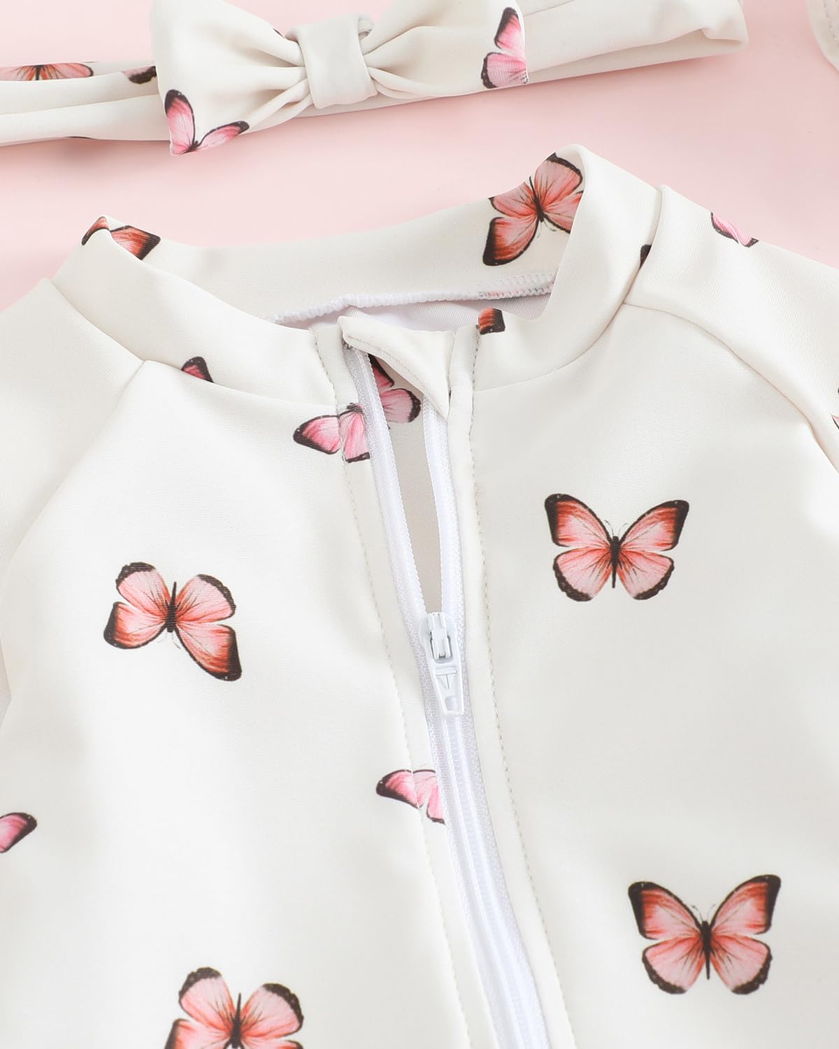 Baby Swimsuit Girl 3-Piece Set 0M-3T, Long Sleeve Toddler Swimming Costume with Hat & Headband, UPF 50+ Infant Rash Vest Front Zipper & Snaps, Beige Butterfly 3-6 Months