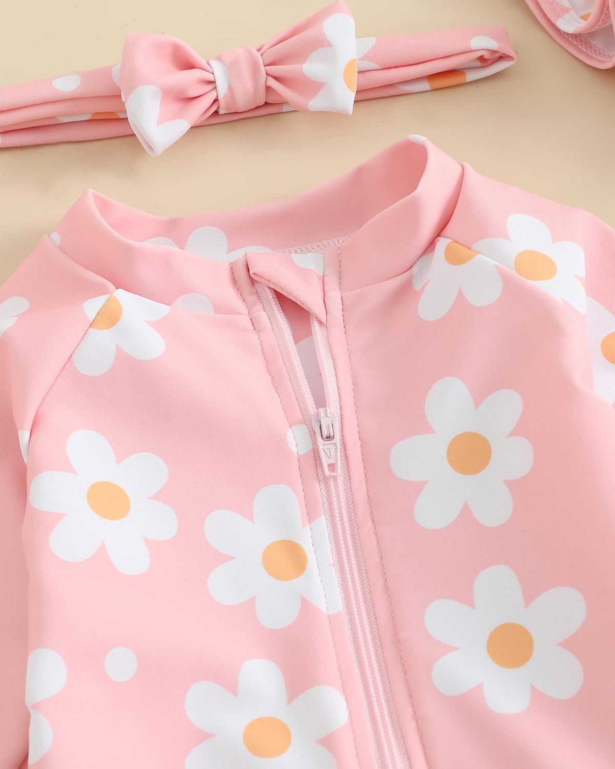 Baby Swimsuit Girl 3-Piece Set 0M-3T, Long Sleeve Toddler Swimming Costume with Hat & Headband, UPF 50+ Infant Rash Vest Front Zipper & Snaps, Pink Flower 12-18 Months