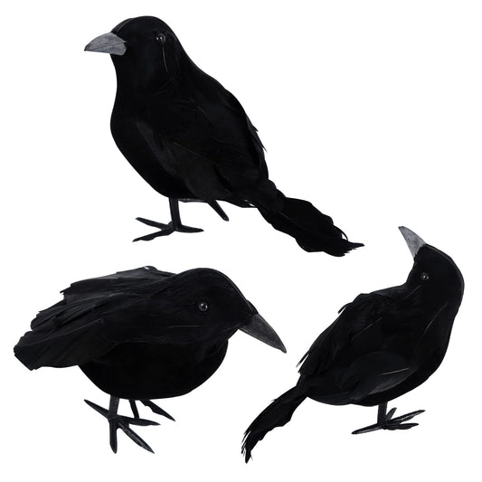 3-pack of realistic feathered crow decorations with poseable wire legs