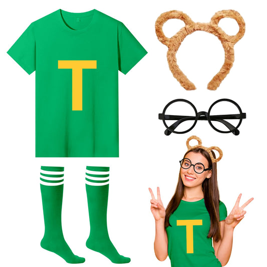 Chipmunks costume set with headband, glasses and socks in green