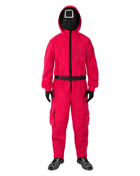 Squid Game jumpsuit costume with square mask, front view