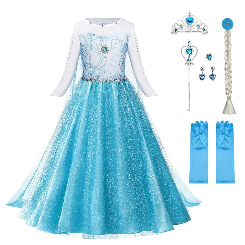 URAQT Princess Dress, Princess Costume with Crown Wand Gloves and Tiara, Costumes with Accessories for Girls, Kids Fancy Dress for Carnival Party Halloween Cosplay,110