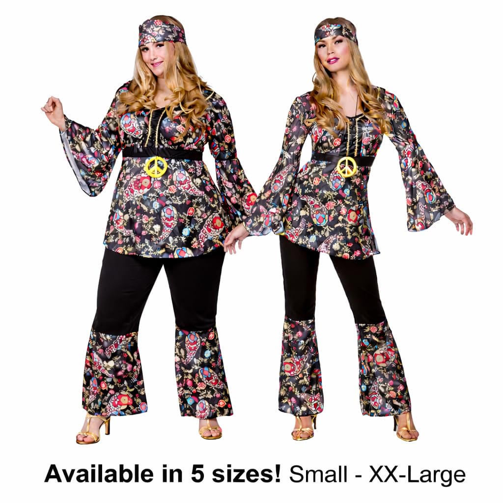 Wicked Costumes Adult Womens Peace Lovin Hippie Fancy Dress Costume 1970s Flower Power Outfit for Halloween Disco Party Medium (UK 14-16)