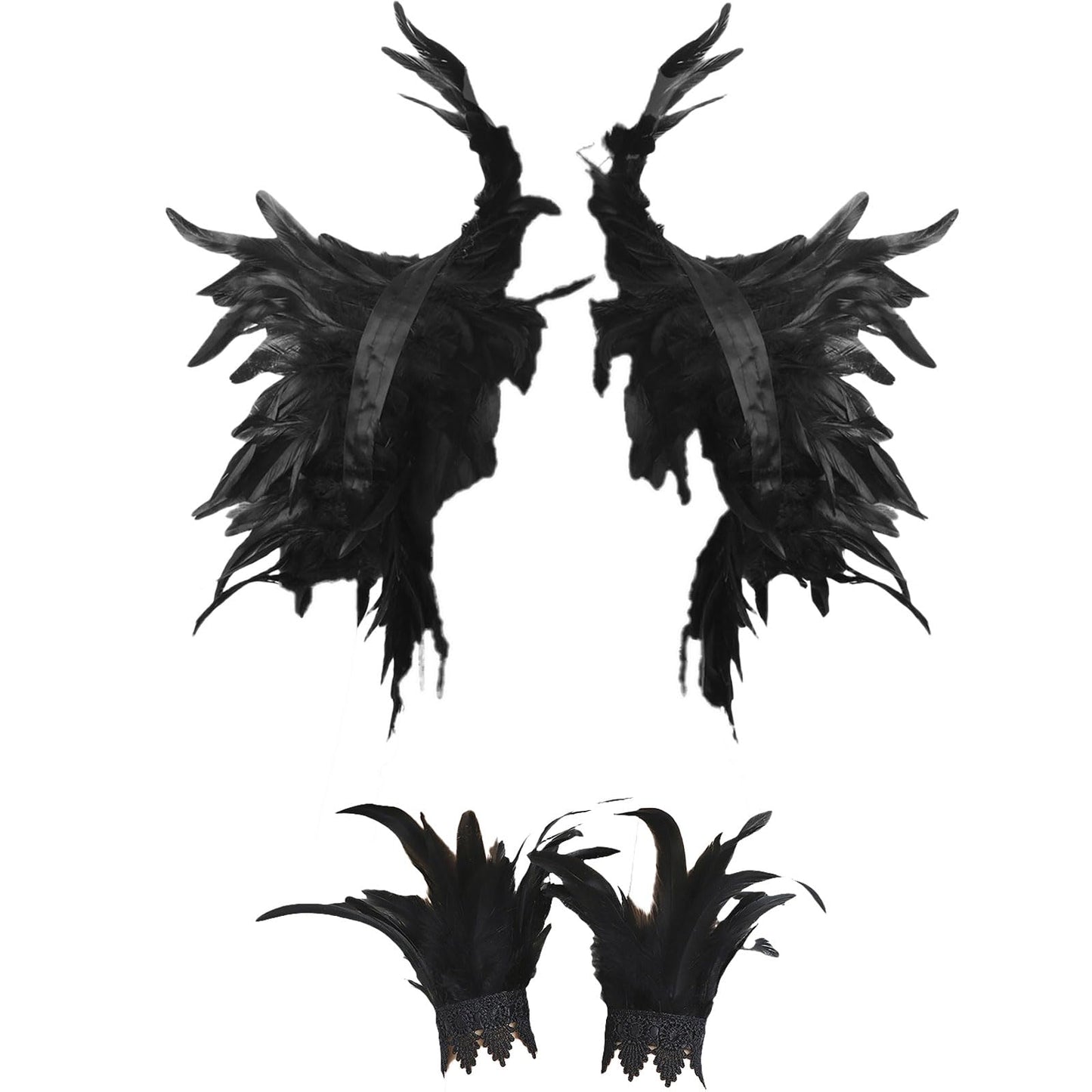 Women Natural Feather Cape with Wrist Cuffs Wristband Maleficent