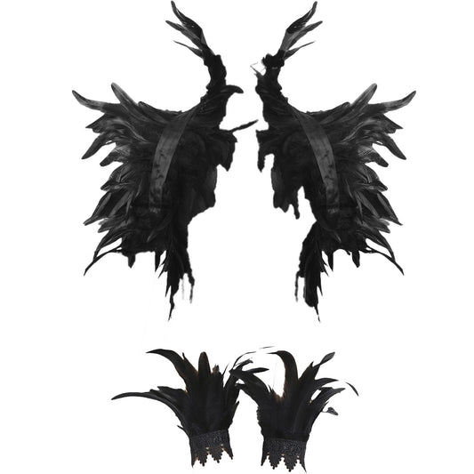 Women Natural Feather Cape with Wrist Cuffs Wristband Maleficent