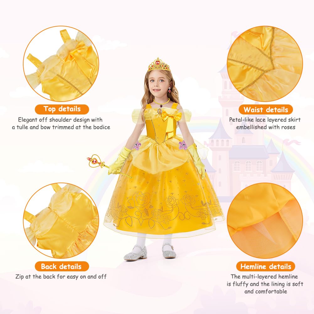 Princess Belle Costume for Girls - Long Yellow Dress Up Outfit (image 4)