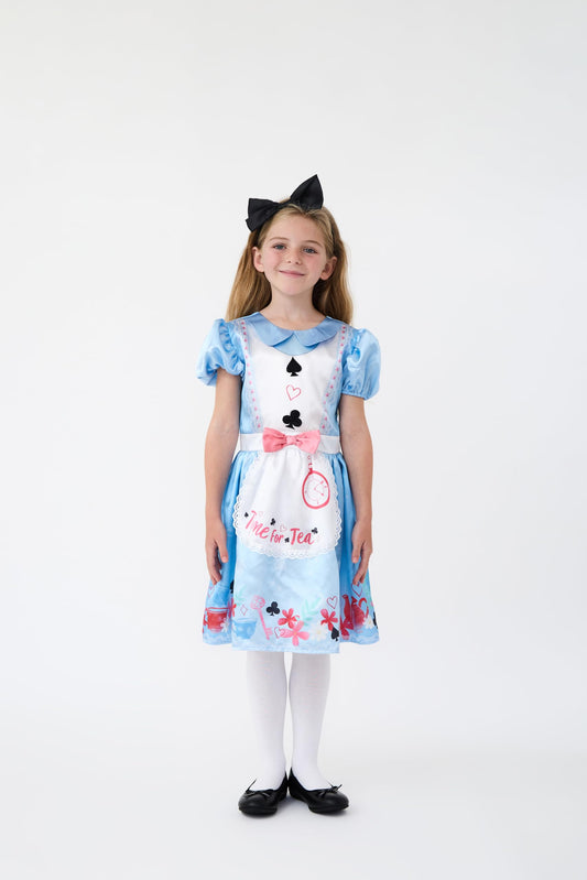 Blues Group Wonderland Alice Girls Costume with Bow Headband, Book Character Fancy Dress, World Book Day, Party Outfit, Ages 3-10 (6-8 Years)
